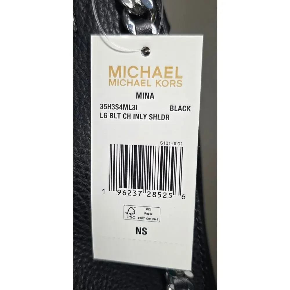 NEW Michael Kors MK Black Mina Large Chain Belted Vegan Leather Shoulder Bag